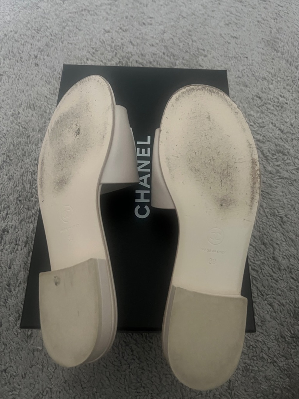 CHANEL Beige and White Logo Slide Sandals - Picture 3 of 4